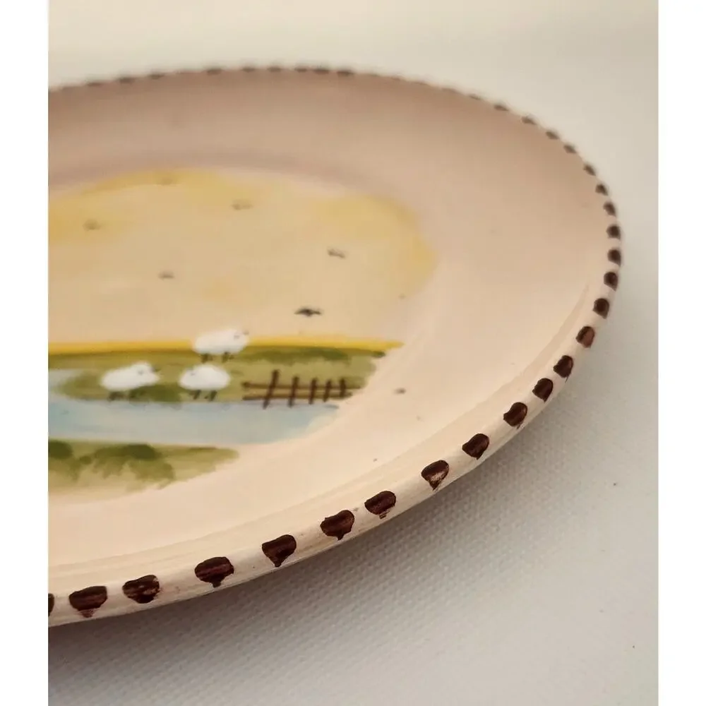 Vintage Handmade Hand Painted Art Pottery Plates Set 2 Raised Sheep Chicken Farm